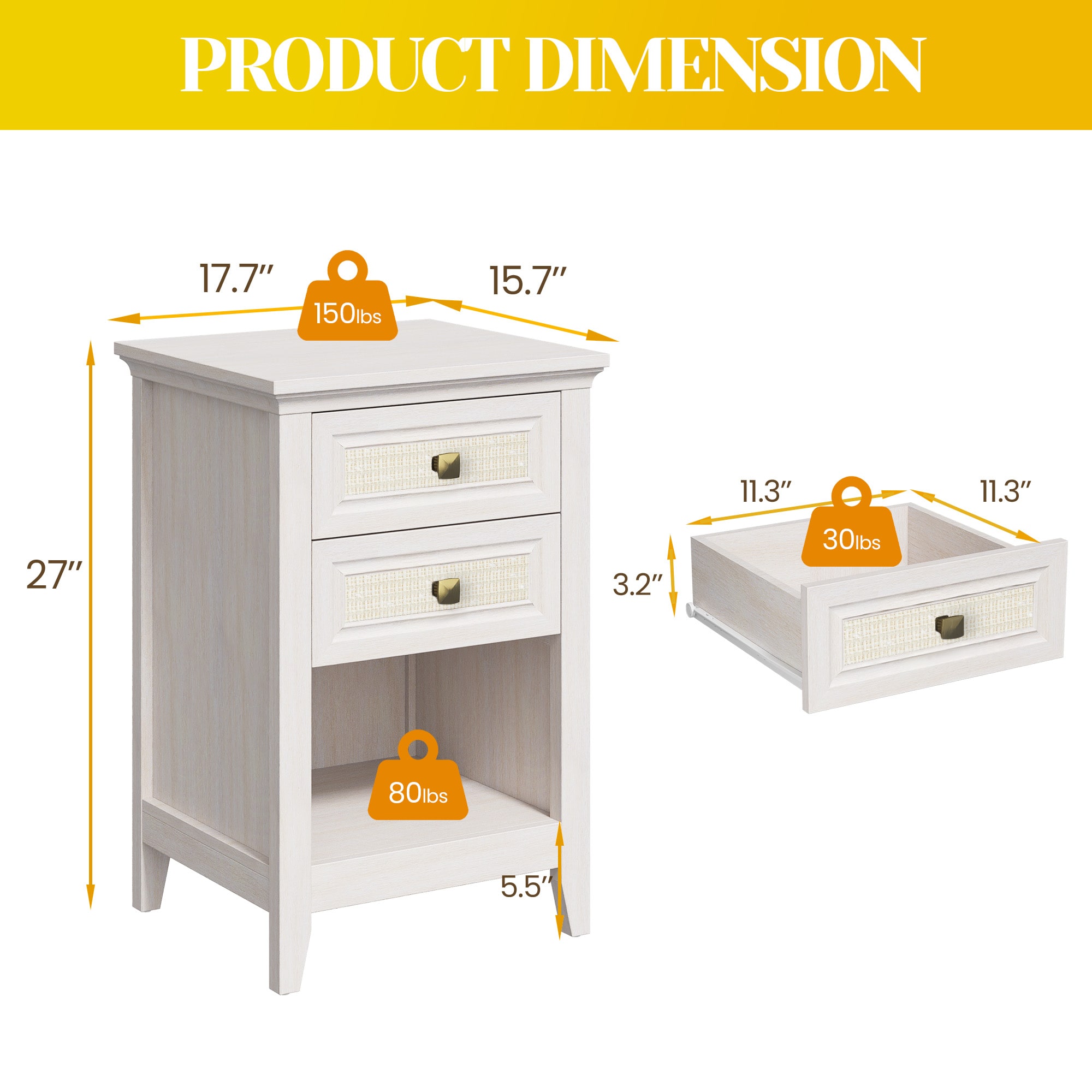 Grayish White Rattan Nightstand With Drawer Set Of 2, Boho 27" Tall Bedside Table With Storage For Small Space, Living Room Wood Accent End Table Bedroom Furniture, Couch Coffee Table_voghion.com